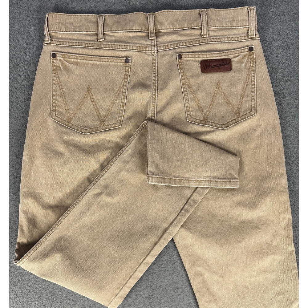 Wrangler Jeans 35x34 Khaki Beige Retro Slim Straight Distressed Western Cowboy
